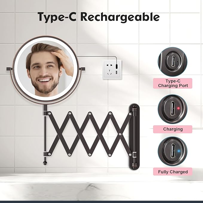 Rechargeable Wall Mounted Makeup Mirror - 8 Inch Double Sided 1X/10X Magnifying Mirror with 3 Color Lights Dimmable Touch Screen, 360°Swivel 19.6 Inch Extendable Accordion Bathroom Mirror