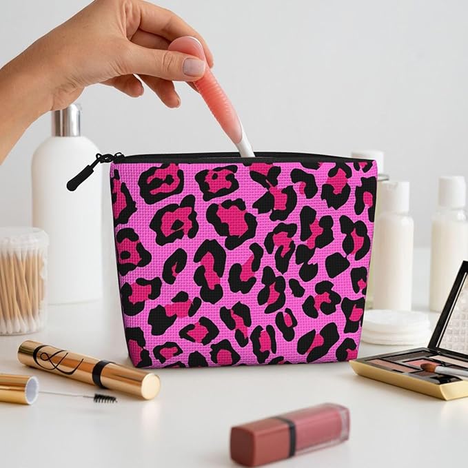 MOLAIGIN Cheetah Pink Leopard Pattern Cool Black Cosmetic Bag For Women, Travel Makeup Bag, Toiletry Zipper Bag, Large Capacity Aesthetic Cases