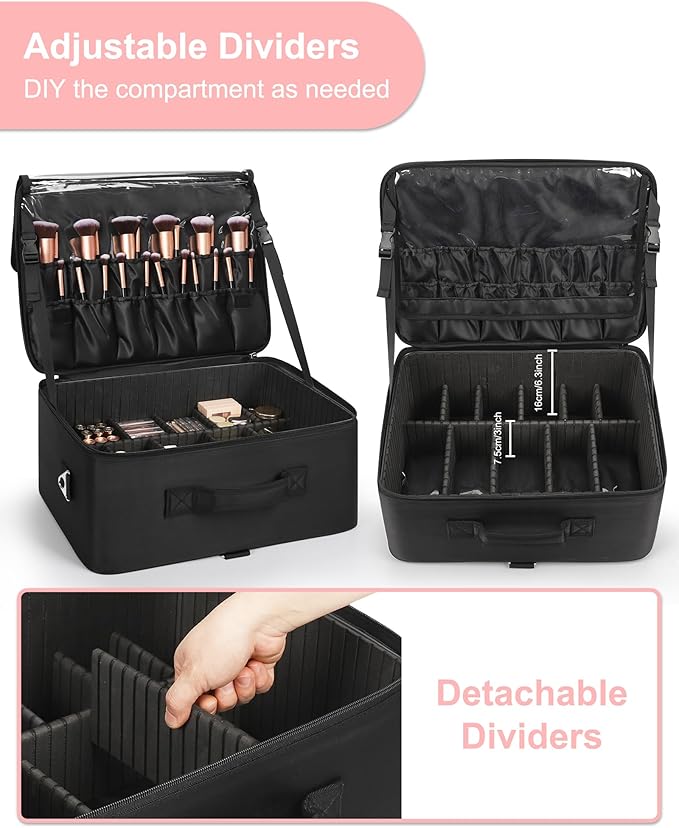Relavel Extra Large Makeup Case and Clear Makeup Bag, Professional Cosmetic Storage Organizer Box Brush Holder with 4 Clear Set Bags & Lipstick Plate for Makeup Artists with Adjustable Dividers, Black