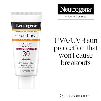 Neutrogena Clear Face Sunscreen Lotion for Acne-Prone Skin, Broad Spectrum SPF 30 Facial Sunscreen for Oily Skin, Fragrance- & Oxybenzone-Free Water Resistant, 3 fl. oz