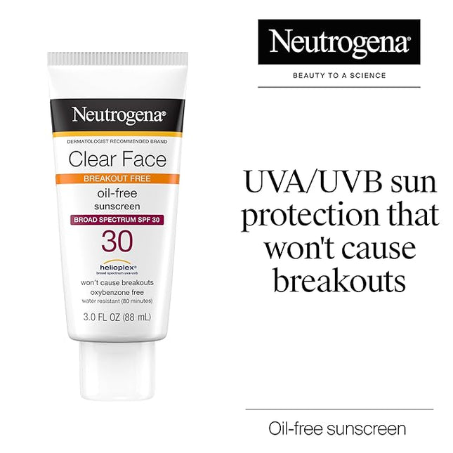Neutrogena Clear Face Sunscreen Lotion for Acne-Prone Skin, Broad Spectrum SPF 30 Facial Sunscreen for Oily Skin, Fragrance- & Oxybenzone-Free Water Resistant, 3 fl. oz