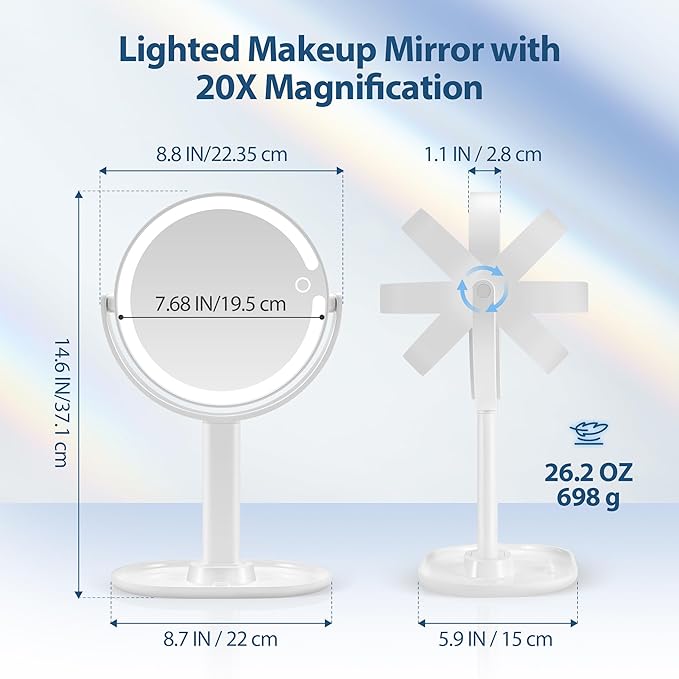 Lighted Makeup Mirror, 20X Magnifying Mirror with Light and Adjustable Brightness, Vanity Mirror with 3 Color Light, 2-Sided Mirror for Desk, Detachable Travel Makeup Mirror with Light 8.8 Inches