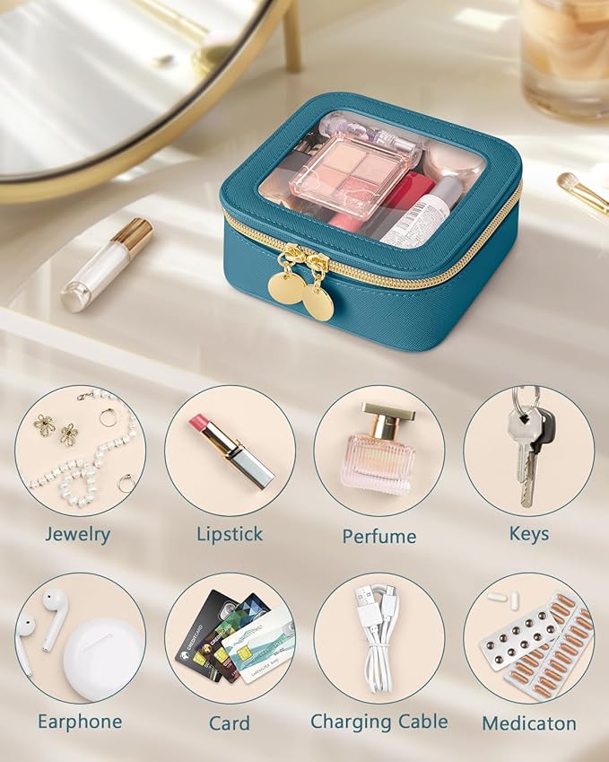 Mini Makeup Bag, Small Makeup Bag for Purse, Waterproof Clear Makeup bag, Leather Cosmetic Bag, Square Make Up Bag Pouch, Toiletry Bag for Travel, Car and Women, Blue