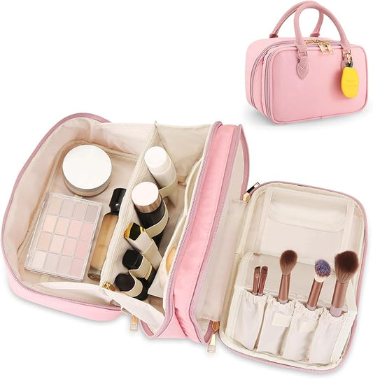 Travel Makeup Bag for Women Fashion Large Capacity Pouch Open Flat Cosmetic Portable Organizer Waterproof Large Opening Storage Toiletry Bags Vertical Free-Standing Brush Holder for Easy Access Pink