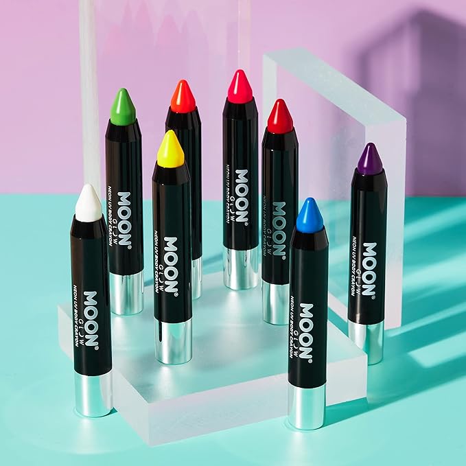 Moon Glow - Blacklight Neon Face Paint Stick / Body Crayon makeup for the Face & Body - Intense set of 8 colours - Glows brightly under blacklights