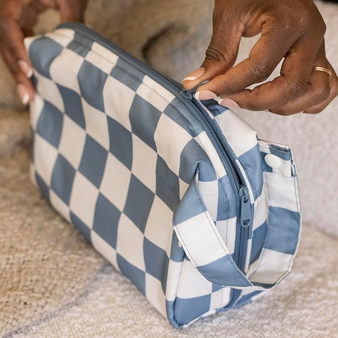 Tiny Twinkle Portable Waterproof Makeup Bag | Travel-Friendly Cosmetic Organizer with Convenient Carry Handle | Spacious Interior, and Secure Zipper Closure (Blue Checkers)