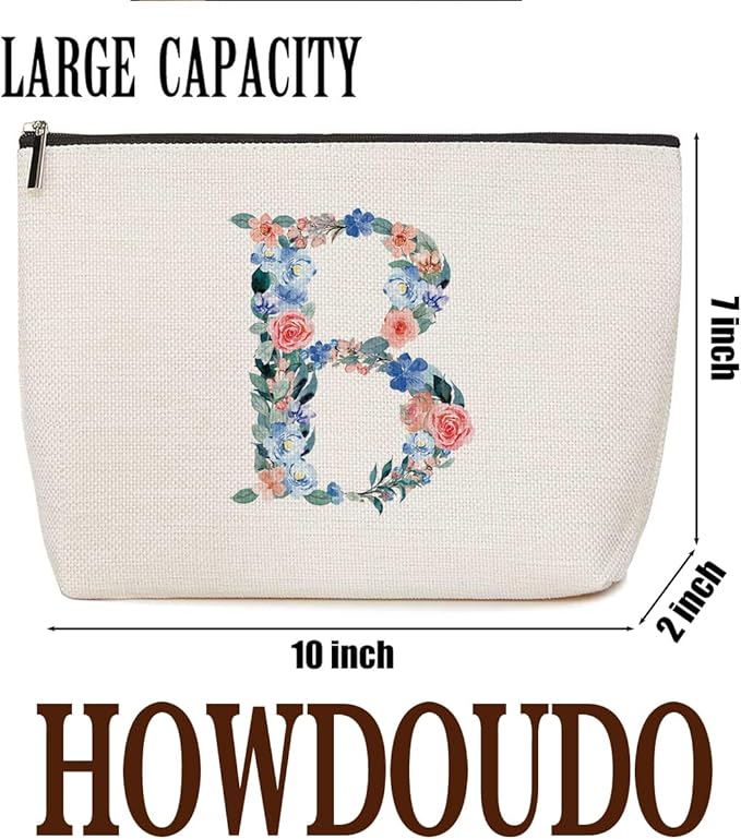 Initial Makeup Bag Monogrammed Travel Toiletry Bag Monogram Cosmetic Bag Birthday Christmas Bridal Shower Bridesmaid Gifts Personalized Gifts for Women Bride Teacher Friend, Floral Letter B