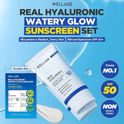 WELLAGE Real Hyaluronic Watery Glow Sunscreen Double Set SPF50 - Broad Spectrum UV Protection with 6 Types Hyaluronic Acid - No White Cast, Makeup Base - K-Beauty Face Sunscreen, 1.69 fl.oz x 2 Pack