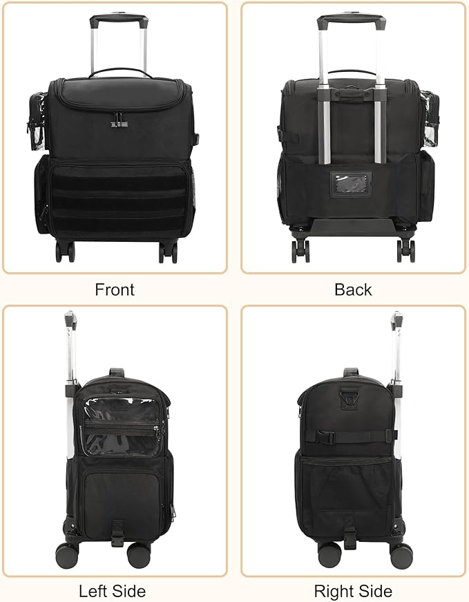 Relavel Rolling Makeup Train Case, Cosmetology Case on Wheels with 4 Clear Bags, Professional Makeup Artist Set Bags Cosmetic Storage Organizer with Adjustable Dividers, 360° Spinner Wheels, Black