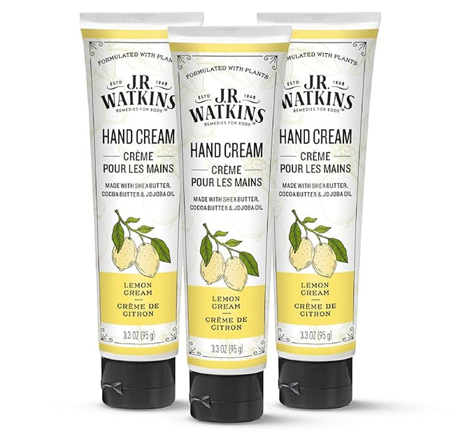 J.R. Watkins Natural Moisturizing Hand Cream, Hydrating Hand Moisturizer with Shea Butter, Cocoa Butter, and Avocado Oil, Cruelty Free, 3.3oz, Lemon Cream, 3 Pack