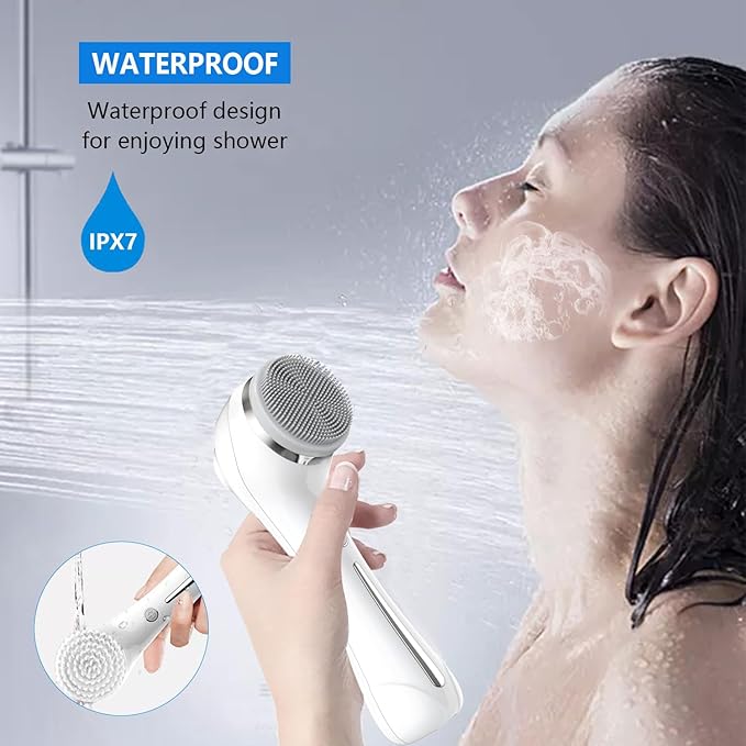 Facial Cleansing Brush, 2 in 1 Ｗaterproof IPx7 Facial Spin Scrubber Set with 4 Brush Heads, Rechargeable Exfoliating Face Brush Deep Cleansing, Gently Exfoliate and Remove Blackhead