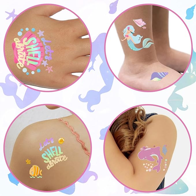 Temporary Tattoos Mermaid for Kids, 80+ Metallic Foil Style Bronzing Fake Tattoos, 4 Sheets Glitter Tattoos, Birthday Party Supplies, Easter Present, Ocean Animal Stickers for Boy and Girls