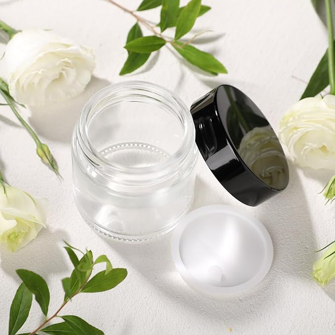 1 oz Glass Jars with Lids,3 Pack Clear Small Glass Cosmetic Jars with Lids,60 ml Empty Glass Makeup Containers for Sample, Cream, Lotion,Powder (1 OZ, Clear)