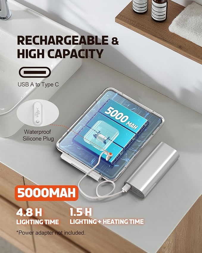 Heated Shower Mirror Fogless for Shaving, 3 Color Dimmable Lights Shower Mirror Fogless, Rechargeable Anti-Fog Shaving Mirror with Razor Holder, Storage Tray, Squeegee