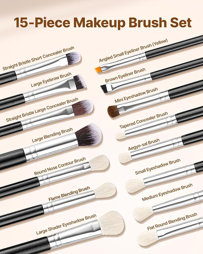 VEVOR 15-Piece Makeup Brush Set for Foundation Blending Eyeshadow, Professional Vegan Brushes with Soft Synthetic Bristles, Ergonomic Wood Handle & Aluminum Ferrule, Portable and Travel-Friendly