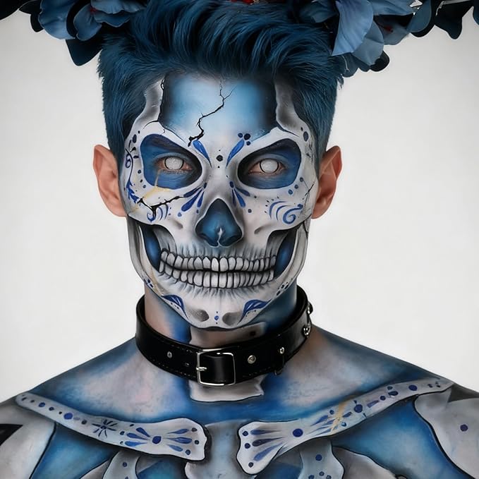 Black White Blue Face Body Paint 1.01/pc with 3 Sponges,Water Based Royal Blue Face Paint Kit for Avatar Corpse Bride Cosplay Sally and Jack Makeup,Halloween SFX Makeup Cream Face Painting