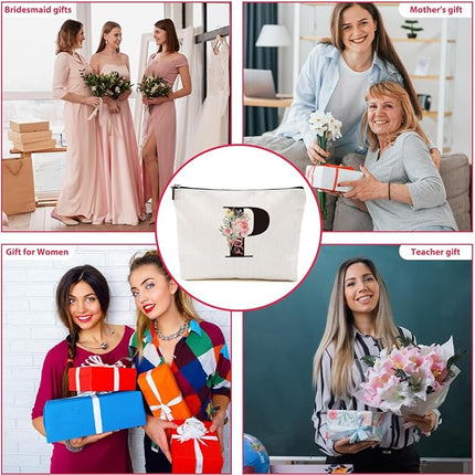 Personalized Makeup Bag, Initial Letter P Makeup Bag for Women Rose Monogram Cosmetic Bags Toiletry Pouch, Monogrammed Gifts for Women Mom Grandma Sister Friends Thanksgiving Christmas Birthday Gift