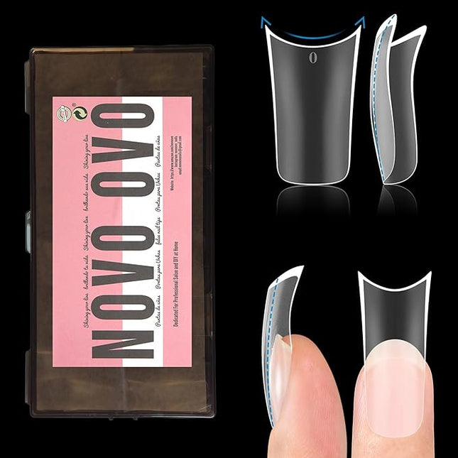 NOVO OVO Halloween Extra Thick Duck Feet Nail Tips Full Cover with Moon Curve for Press on Acrylic, Medim Long Clear Pre-Etched Matte Flare Wide French Soft Gel False Nail Extension x 15 Sizes 240 pcs