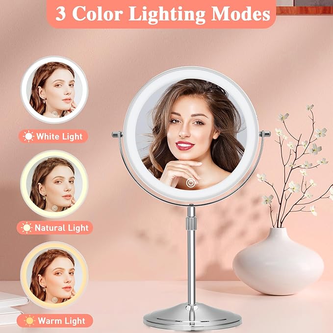 Lighted Makeup Mirror with Magnification, 10X 8’’Rechargeable Double Sided Vanity Mirror with Lights Magnifying Makeup Mirror with 3 Color Light with 360° Rotation, Detachable Base