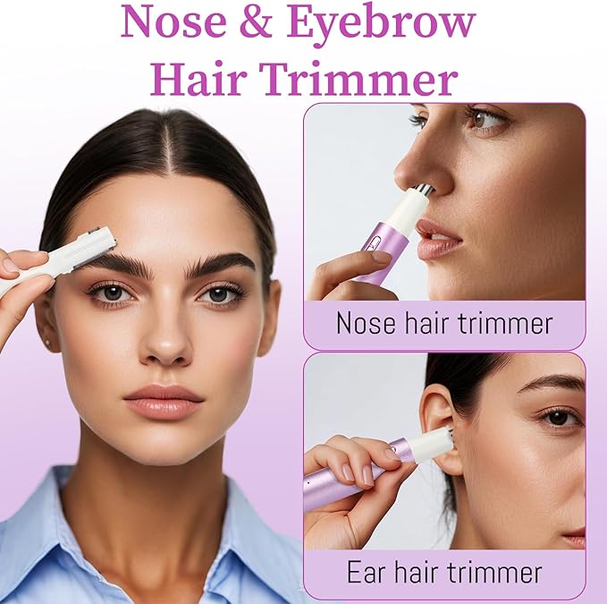 Nose and Ear Hair Trimmer for Women Men,2 in 1 Painless Eyebrow Hair Trimmer with USB Rechargeable,Portble Waterproof Facial Hair Removal with Dual-Edge Blades for Smoother Cutting (Pink)