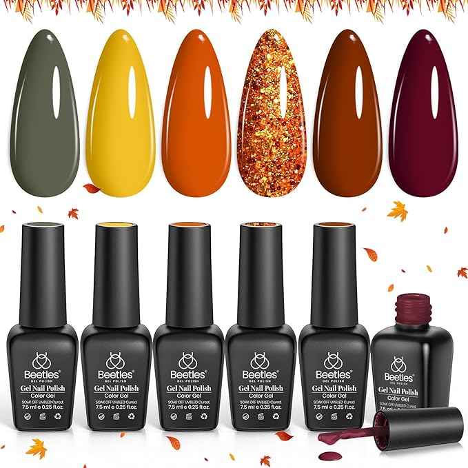 Beetles Fall Gel Nail Polish Set 6Pcs Brown Green Yellow Burgundy Orange Glitter Gel Polish Nails Art Soak off Uv LED Manicure Gift Set Golden Season Collection 2025 Nail Trend Gift for Women