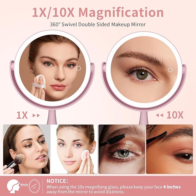 Makeup Mirror with Lights, 1X/10X LED Magnifying Vanity Mirror, HD Lighted Mirror for Desk, 3 Color Lights Adjustable Brightness, 360° Rotation 2-Sided 7.6" Dorm Room Mirror, Women Birthday Gifts