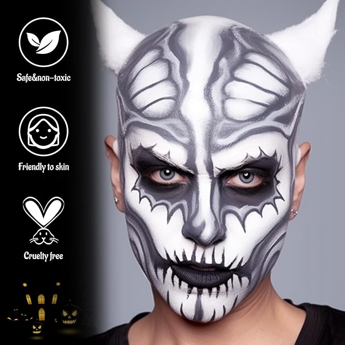 Black White Grey Face Body Paint with Applicator, Oil Based Face Painting Kit for Halloween Skeleton, Skull, Gothic Makeup, Costume Parties, Dress Up, Cosplay, Stage & Special FX Makeup - Travel Size