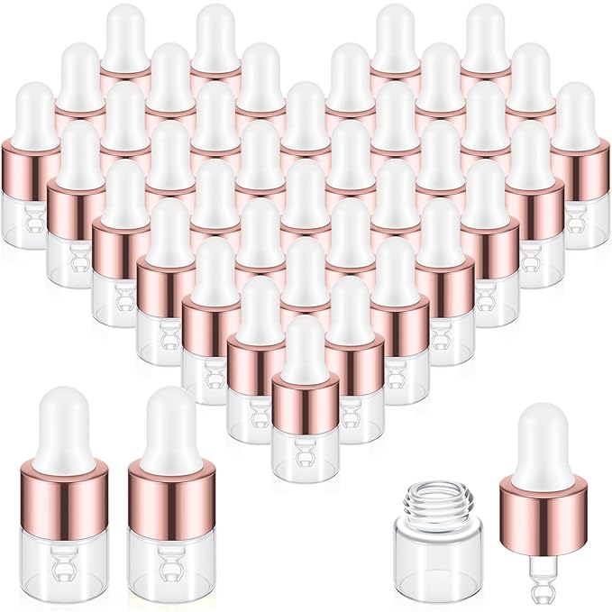 200 Pcs Mini Glass Oil Dropper Bottle Bulk, Clear Essential Small Empty Bottles Sample Containers Perfume Liquid Vials with Cap for Traveling (1 ml,Rose Gold)