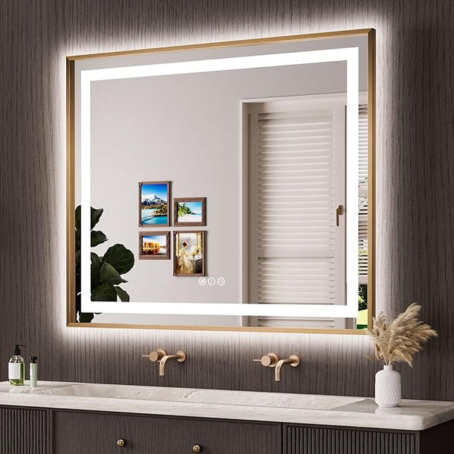 Amorho 48"x 40" Gold LED Bathroom Mirror, Metal Framed Mirror with Front Light and Backlit, Stepless Dimmable, Anti-Fog, Shatter-Proof, Memory, 3 Colors