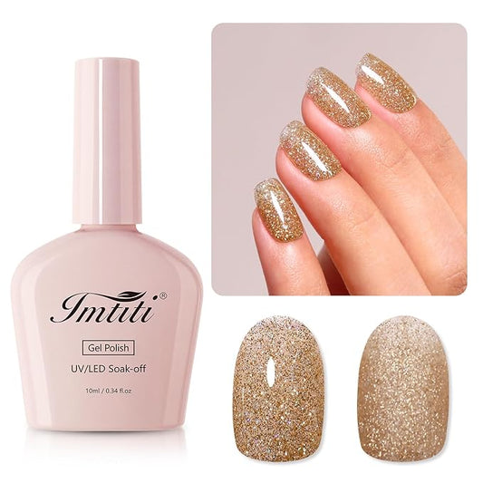 Imtiti Champagne Gold Glitter Gel Polish, LED U V Soak Off Shimmer Sparkle Nail Gel Polish DIY Nail Art Starter Kit for Women Girls 10ML