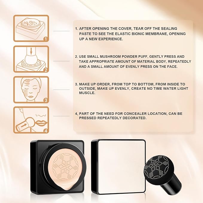 Air Cushion CC Cream - Long-Lasting Brightening Mushroom Head BB Cream Foundation for Face Makeup, Moisturizing Full Coverage Self Adjusting Concealer for Even Skin Tone (Ivory, 1 PCS)