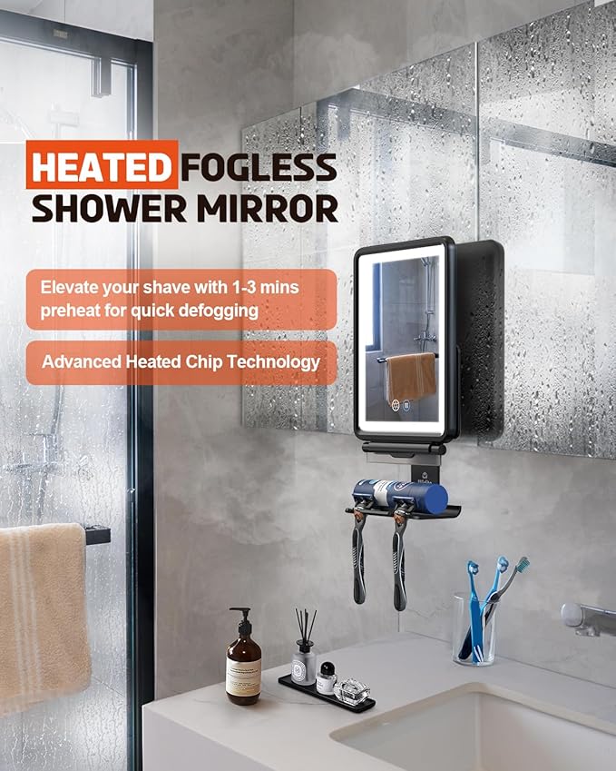 Heated Shower Mirror Fogless for Shaving, 3 Color Dimmable Lights Shower Mirror Fogless, Rechargeable Anti-Fog Shaving Mirror with Razor Holder, Storage Tray, Squeegee