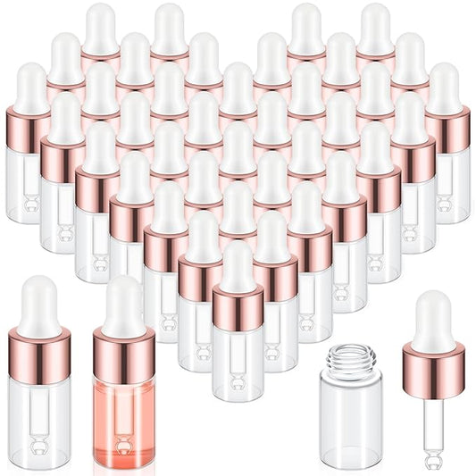 100 Pcs Mini Glass Oil Dropper Bottle Bulk, Clear Essential Small Empty Bottles Sample Containers Perfume Liquid Vials with Cap for Traveling (3 ml,Rose Gold)