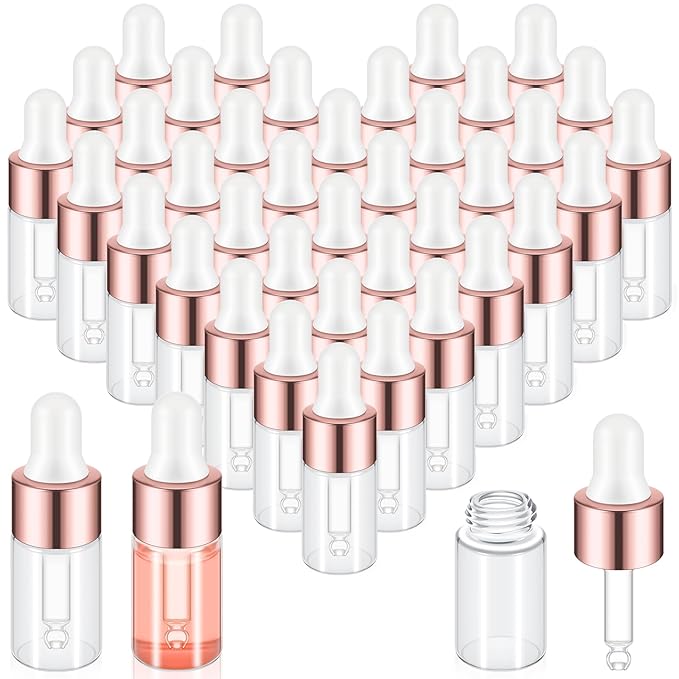 200 Pcs Mini Glass Oil Dropper Bottle Bulk, Clear Essential Small Empty Bottles Sample Containers Perfume Liquid Vials with Cap for Traveling (3 ml,Rose Gold)