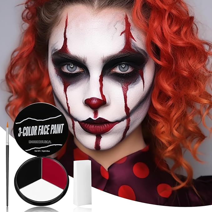Black White Red Face Paint + 3PC Sponge + Brush, Colored Eye Black for Baseball Softball Sport Games, Body Painting Kit for Halloween Clown Makeup, Cosplay, Costume, SFX Special Effect, Theme Parties