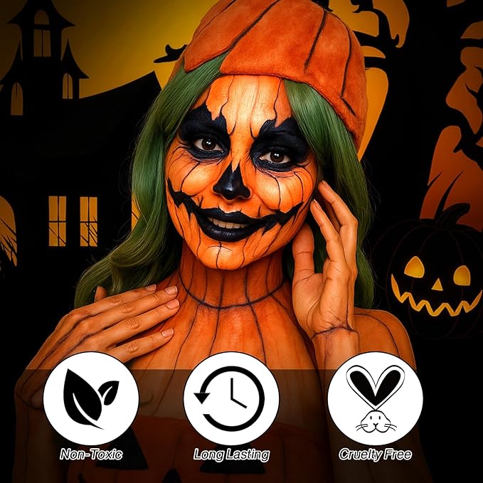 Black Orange Yellow Face Body Paint, Halloween Scarecrow Makeup Kit (3 Sponges + 5 Brushes), 9 Pcs Oil Based Non Toxic Face Painting Kit for Halloween Pumpkin SFX, Clown, Tiger, Lion, Fox, Costume Cos