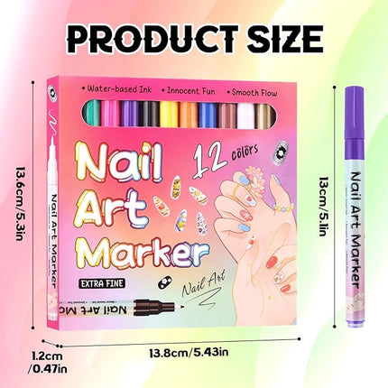 Kalolary 12 Color 3D Nail Art Pens Set, 0.5MM Fine Tip Nail Polish Pens Acrylic Paint Pen Nail Art Markers Quick-Drying Nail Art Tools for Dotting Drawing Painting DIY Nail Art Beauty Manicure(C)