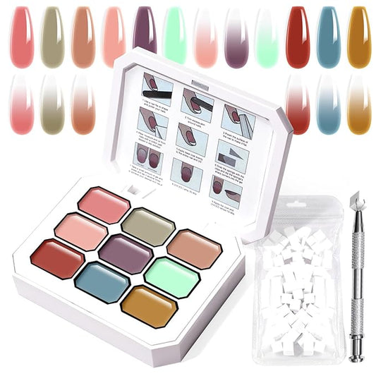 Gradient Painting Gel, 9 Colors Ombre Gel Nail Polish Almond Nude Cream Grey for Pigment Pat Kit Aura Nails French Manicure Soak Off UV Home Salon Monet's Garden