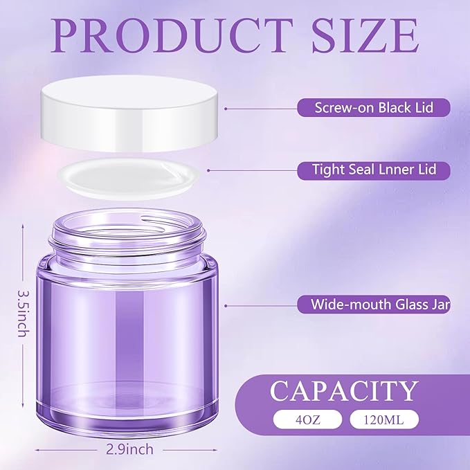 Norme 24 Pcs 4 oz Glass Jars with Lids Leakproof Round Airtight Empty Cosmetic Jars with Inner Liners Lid for Storing Lotions Powder Ointments Candle Making Tins (Light Purple)
