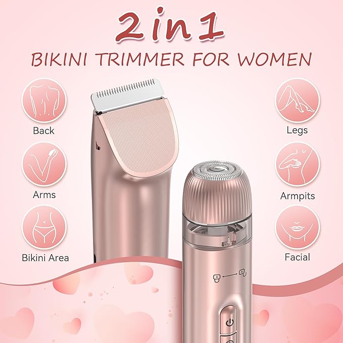 Bikini Trimmer for Women - 2 in 1 Electric Body Hair Trimmer for Silky Skin, Cordless Body Shaver for Travel, IPX7 Waterproof & Easy to Clean, Replaceable Ceramic Blade Heads, Rose Gold