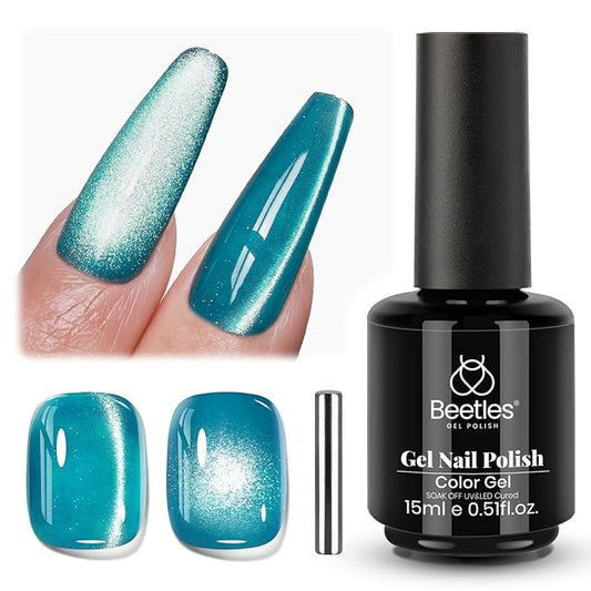 Beetles Blue Cat Eye Gel Polish, 15ML Blue Glass Cat Eye Glitter Gel Polish with Magnet Shimmer Translucent Sheer Color Soak Off UV Tide beam Series French Nail Art Dsign Gift for Women