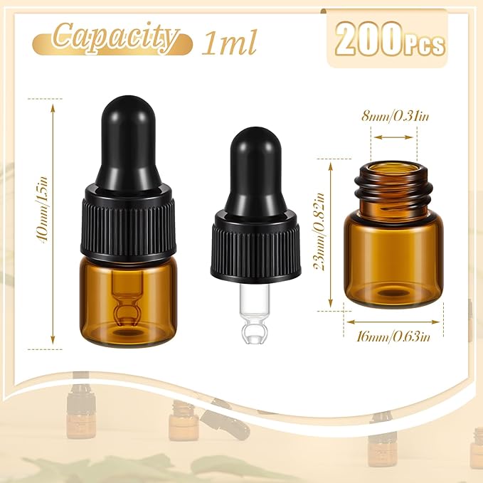 200 Pcs Mini Glass Oil Dropper Bottle Bulk, Clear Essential Small Empty Bottles Sample Containers Perfume Liquid Vials with Cap for Traveling (1 ml,Amber)