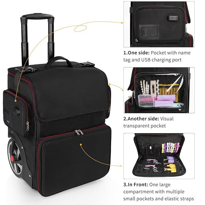 Large Makeup Train Case,Cosmetic Makeup Case for Hairstylist, Hairdresser Bag with Detachable Pouch,Heat Insulation and Anti-scalding Full layer for Hairdressing Tool Organizer Trolley with wheels
