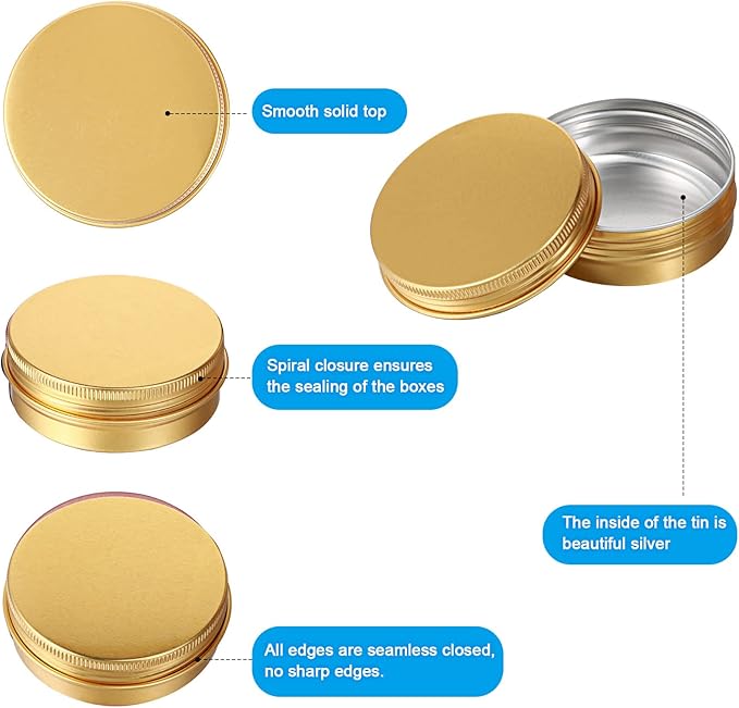 Patelai 2 oz 120 pcs Metal Round Tins Aluminum Tin Cans Salve Tins Containers with Screw Lid 20 Sheets Stickers for Salve Spice Candies Balms Candles(Gold)