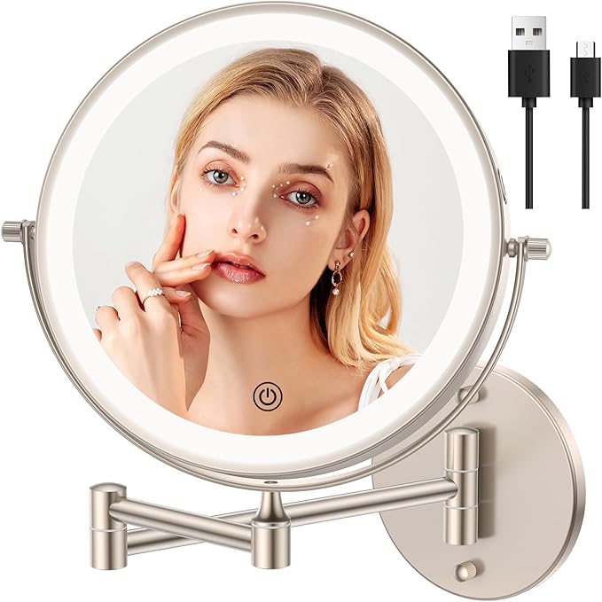 Rechargeable Wall Mounted Makeup Vanity Mirror with Lights,FUNTOUCH 8Inch Double Sided 1X 10X Magnifying Wall Mount Mirror,3 Color Lighting, Touch Screen Dimming,Extension Arm 360 Rotation Wall Mirror