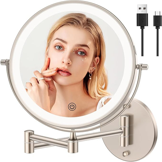 Rechargeable Wall Mounted Makeup Vanity Mirror with Lights,FUNTOUCH 8Inch Double Sided 1X 10X Magnifying Wall Mount Mirror,3 Color Lighting, Touch Screen Dimming,Extension Arm 360 Rotation Wall Mirror