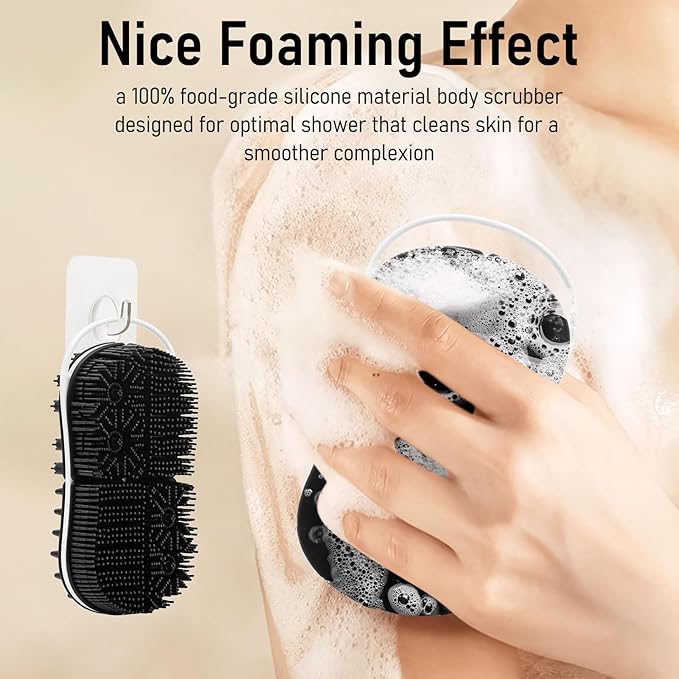 Silicone Body Scrubber Shower Bath Exfoliator 2 in 1 Scalp Massage Mens Body Wash with No-Slip Handle Lather Deep Clean Bathing Upgrade Long Lasting Bristles Loofah All Skin 1 Pack Black