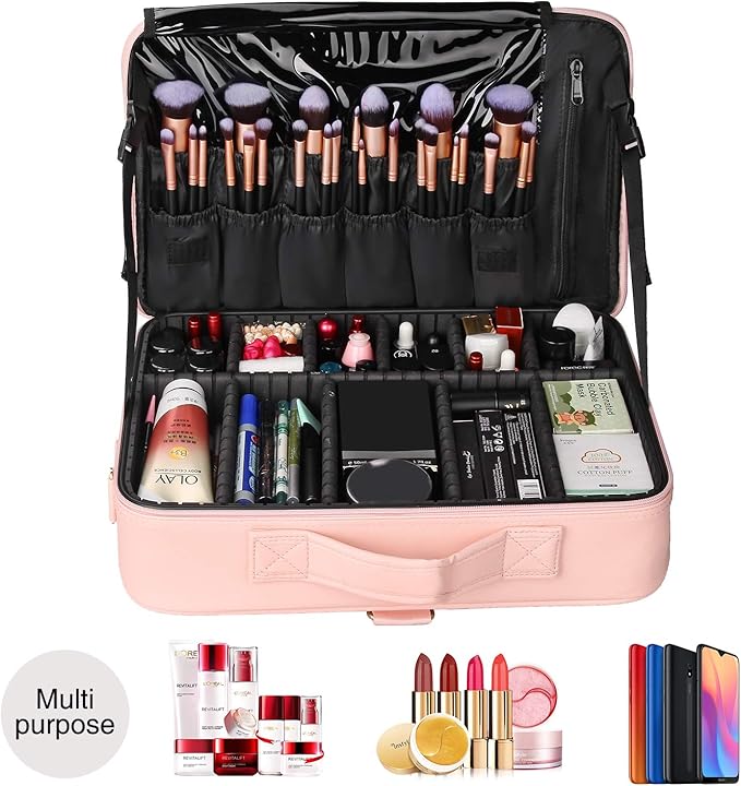 Relavel Makeup Case Large Makeup Bag Professional Train Case 16.5 inches Travel Cosmetic Organizer Brush Holder Waterproof Makeup Artist Storage Box, 3 Layer Large with Adjustable Strap (Pink)