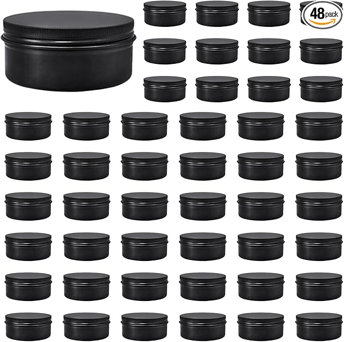 48 Pack Screw Lid Round Tins 4 oz Aluminium Empty Tin Black Metal Candle Storage Tin Black Aluminium Empty Candle Tins for crafts, food, cosmetics, ointment storage, DIY (black)
