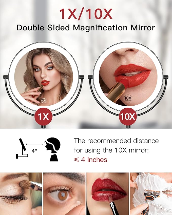 Gospire 9” Wall Mounted Lighted Magnifying Mirror, 1X/10X Magnification Double-Sided LED Bathroom Mirror, 3 Color Lights & Stepless Dimming with Touch Sensor, Extendable Arm 360° Swivel for Shaving